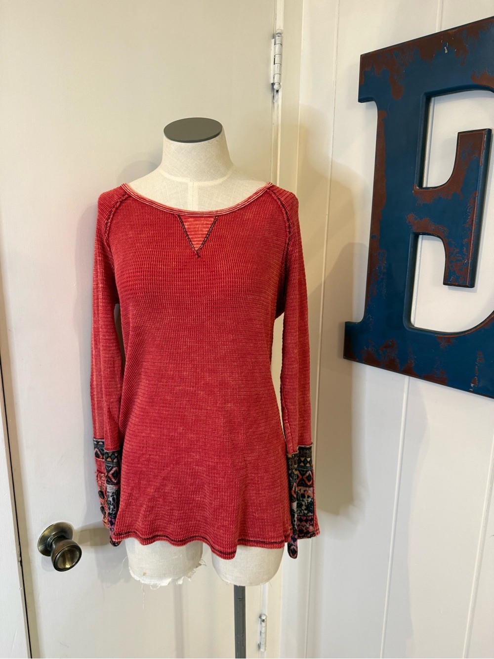 Able Red Waffle Knit Long Sleeve Top with Printed Cuffs Sz L NWT